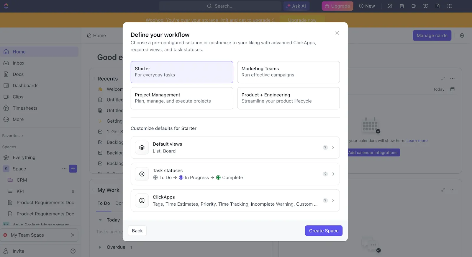 Defina el flujo de trabajo en la lista de control de tareas de ClickUp.