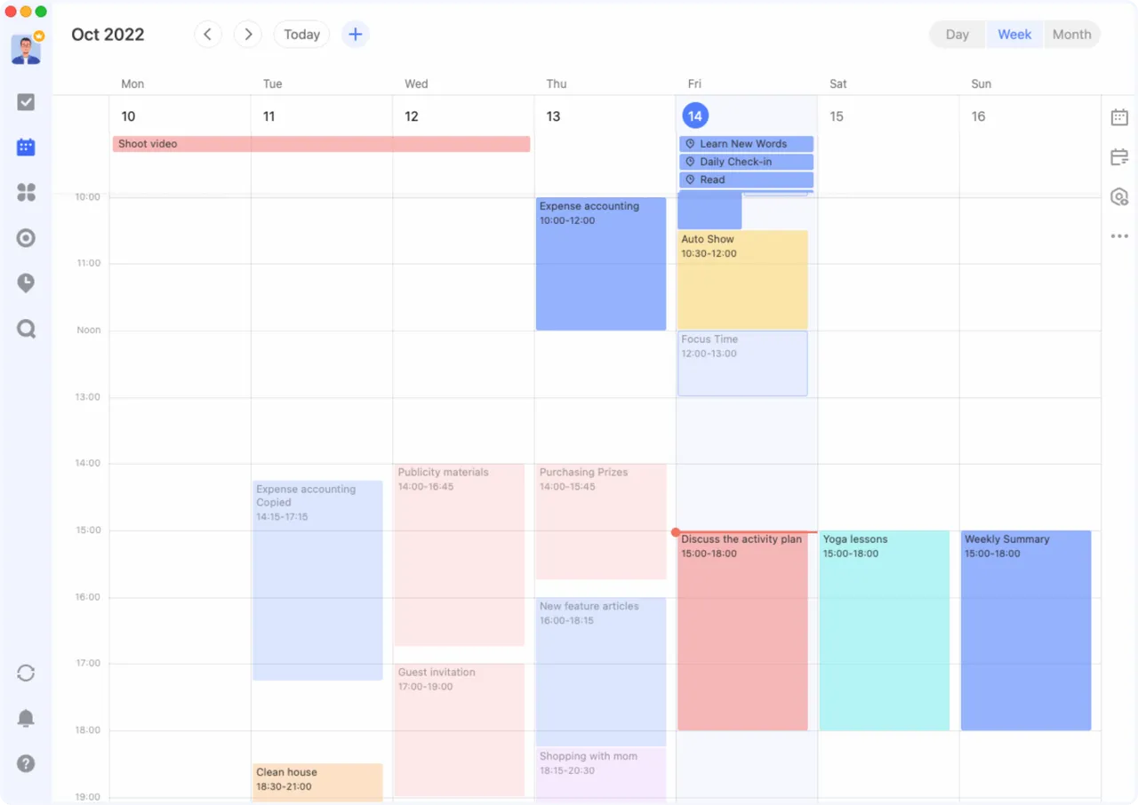 Exemplo da visualização semanal do calendário do TickTick