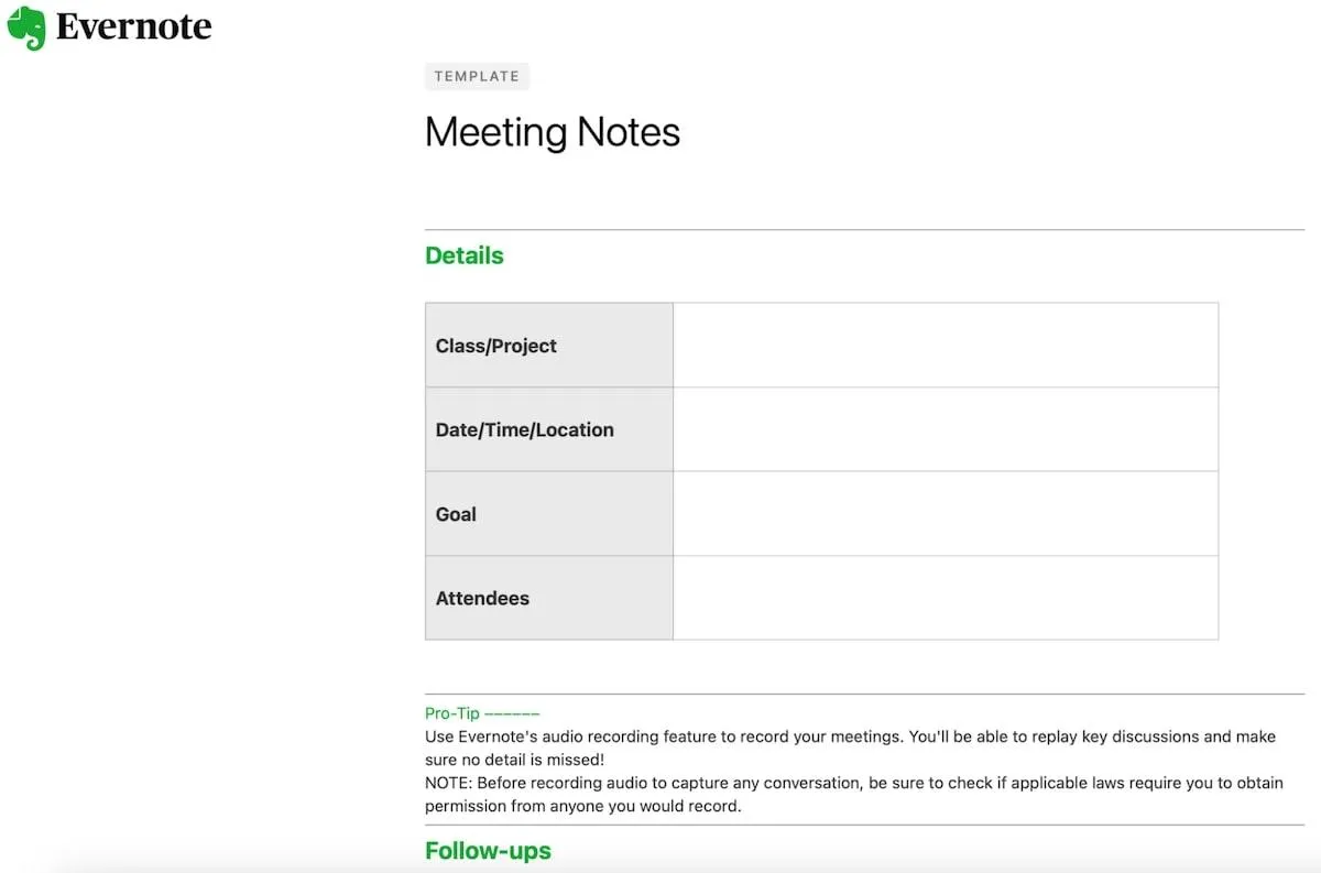 Evernote-Vorlagen: Evernote-Vorlage für Notizen zum Meeting