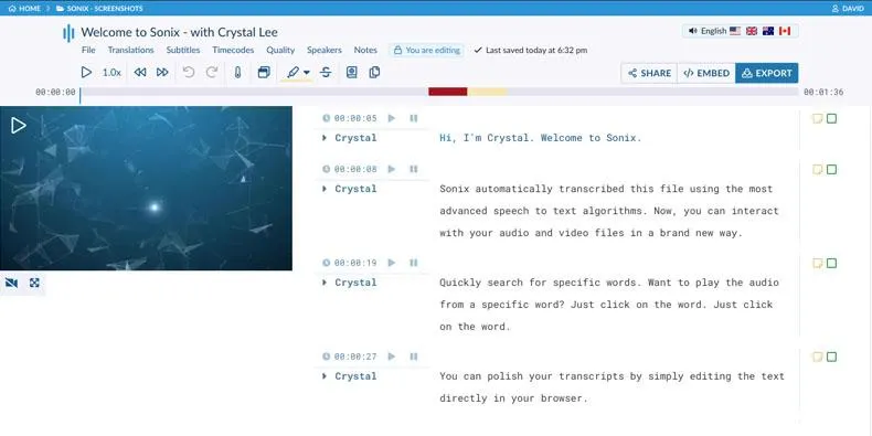 Ferramentas de transcrição por IA: exemplo de uma transcrição feita pela Sonix