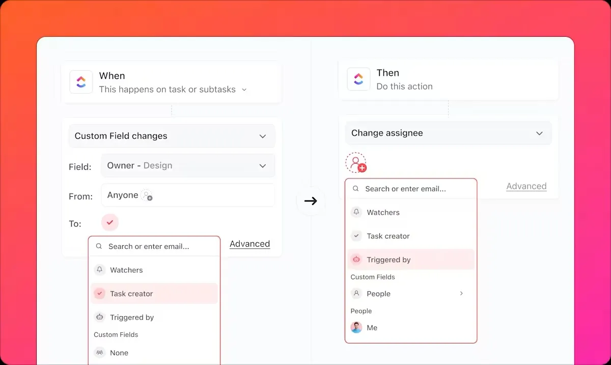 ClickUp Otomasyon ile görevleri oluşturuculara, izleyicilere veya belirli takım üyelerine otomatik olarak atayın