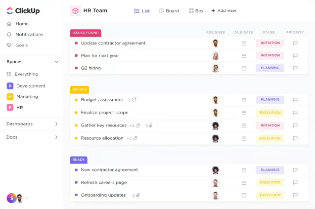 Software ClickUp HR CRM pro sledování výkonu zaměstnanců