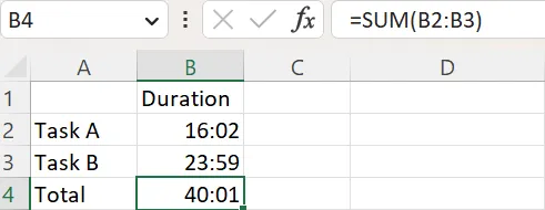 Exemplo de soma de tempos que totalizam mais de 24 horas
