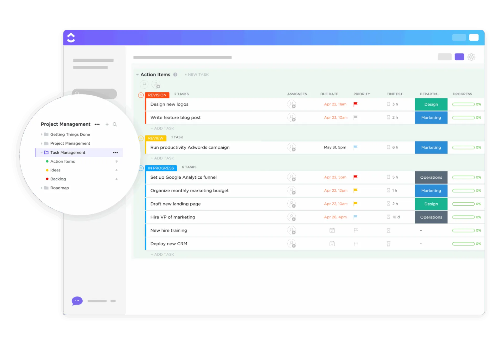 Effektivisera arbetet med ClickUp Task Management Template genom att tilldela uppgifter, sätta prioriteringar och följa upp framstegen i varje team.