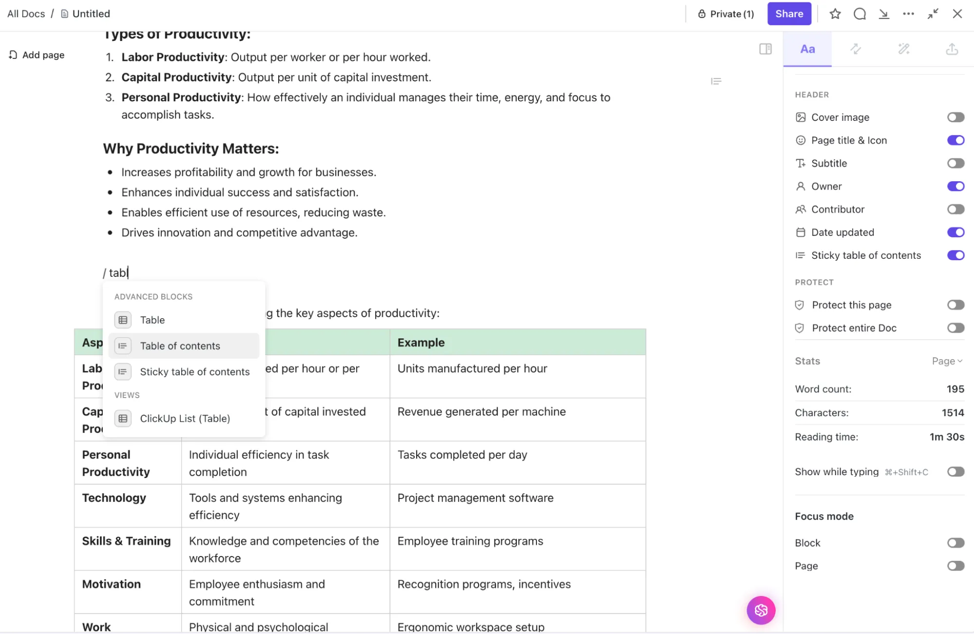 Cree tablas para organizar datos y detalles de proyectos con ClickUp Docs.