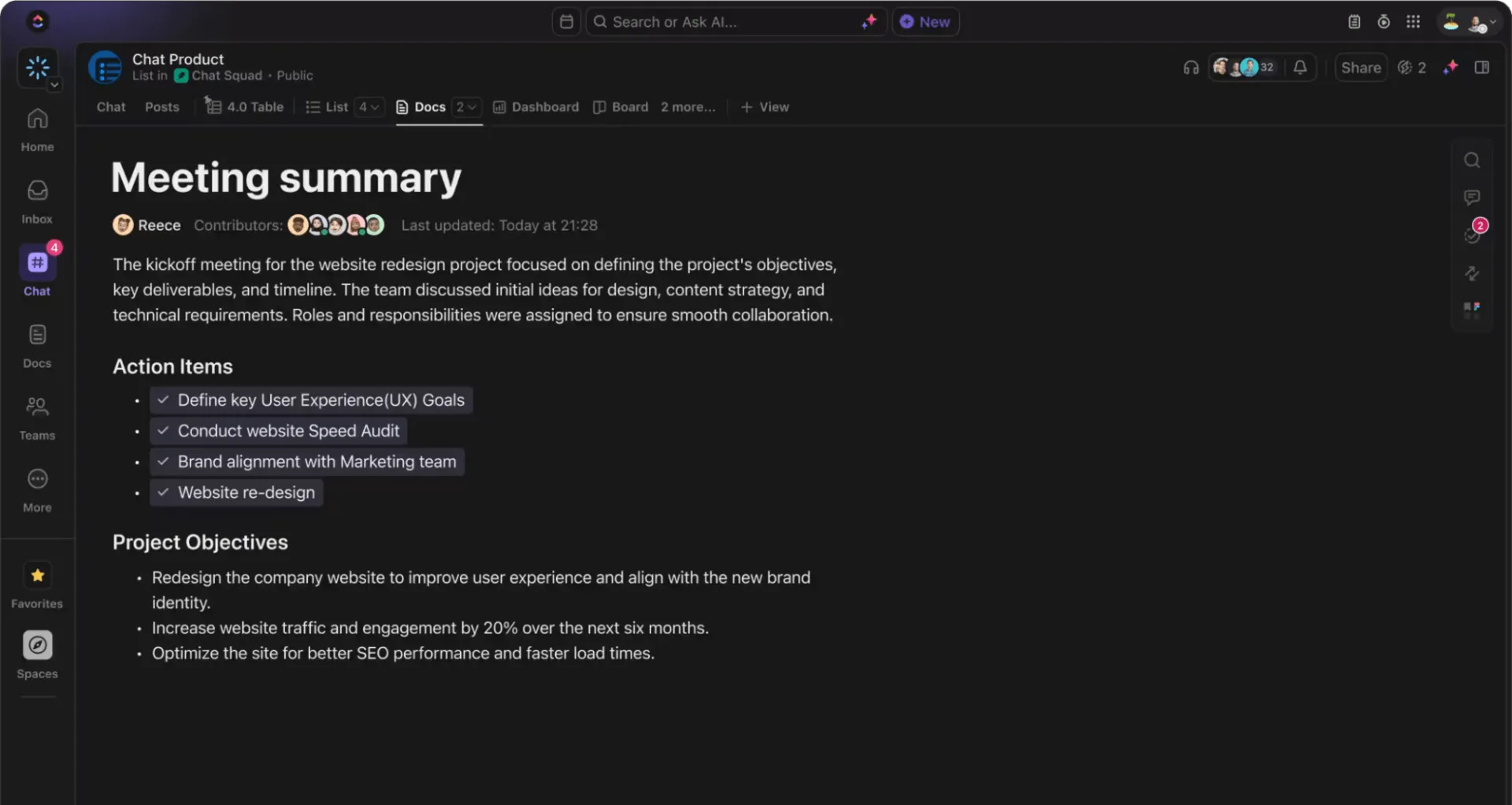 Spravujte všechny úkoly, dokumenty a konverzace v ClickUp Chat