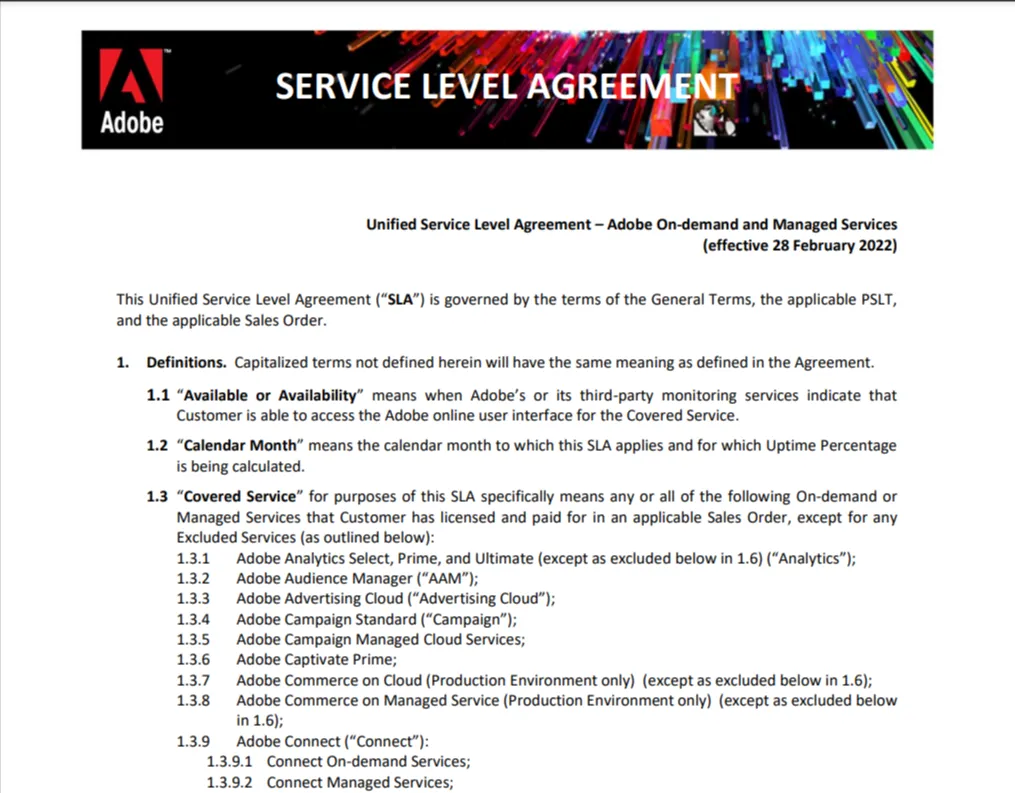 Unified SLA von Adobe: Beispiele für technisches Schreiben