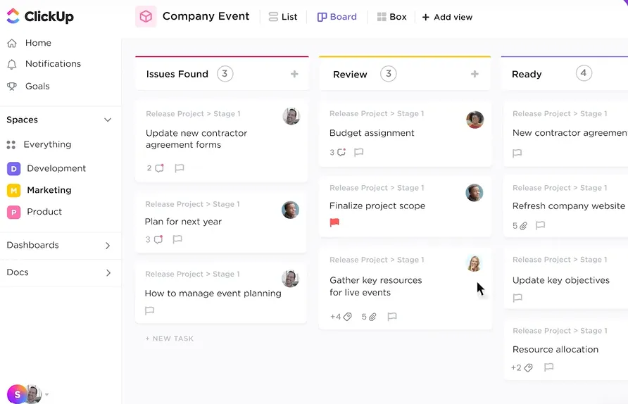 Imagem do painel de gerenciamento de eventos do ClickUp