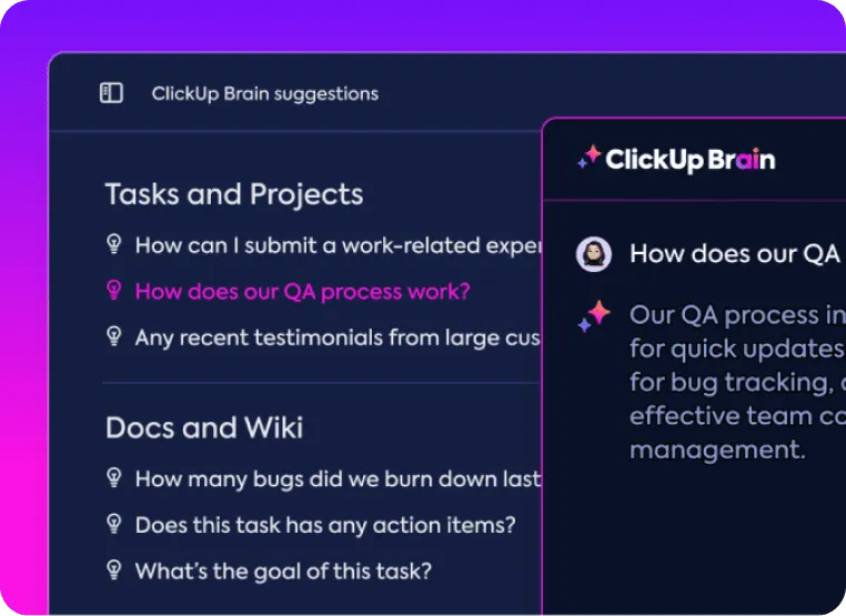 Obtenha insights instantâneos sobre tarefas, documentos e conteúdo no ClickUp Brain.