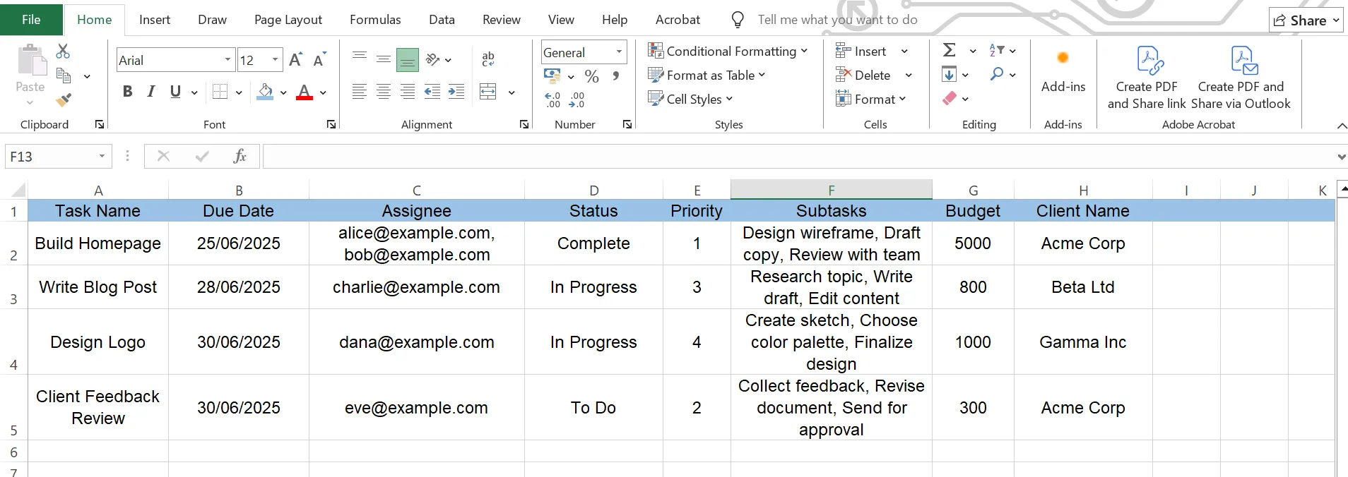 สเปรดชีตพร้อมนำเข้า Microsoft Excel สำหรับ ClickUp