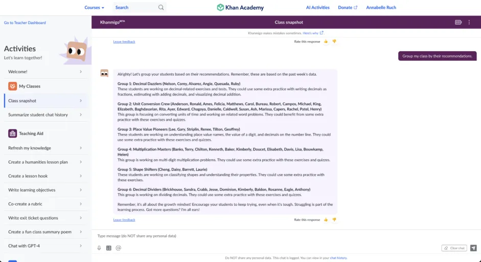 Khan Academy AI irányítópult