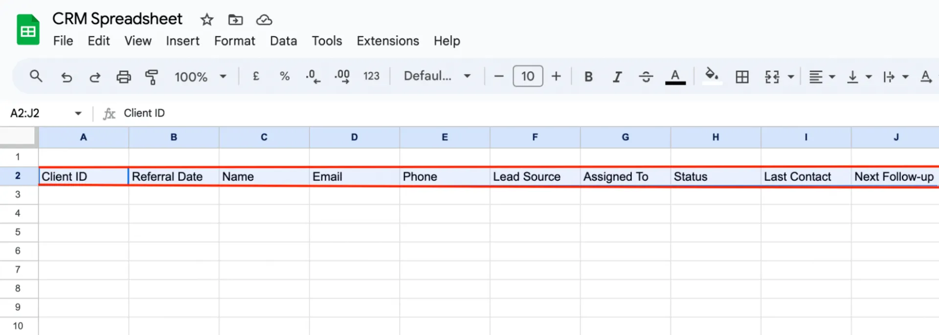 Ajouter des en-têtes de colonnes dans Google Sheets
Feuille de calcul CRM