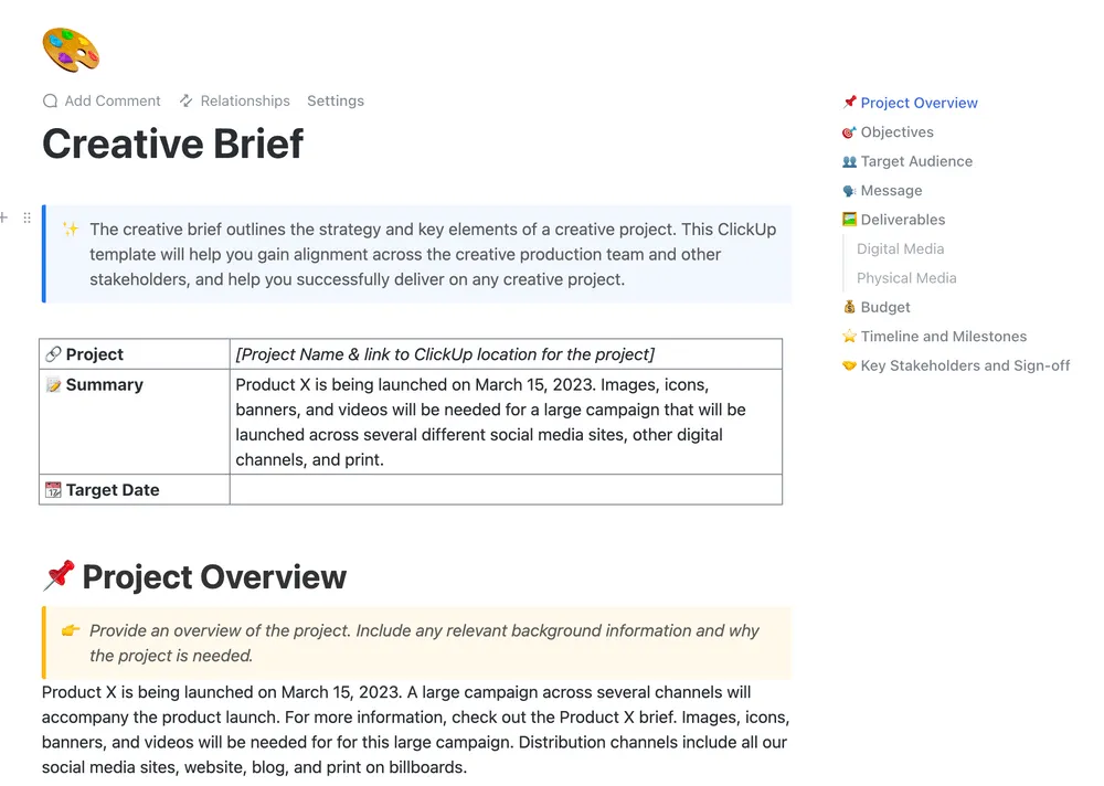 Modelo de documento de briefing criativo do ClickUp