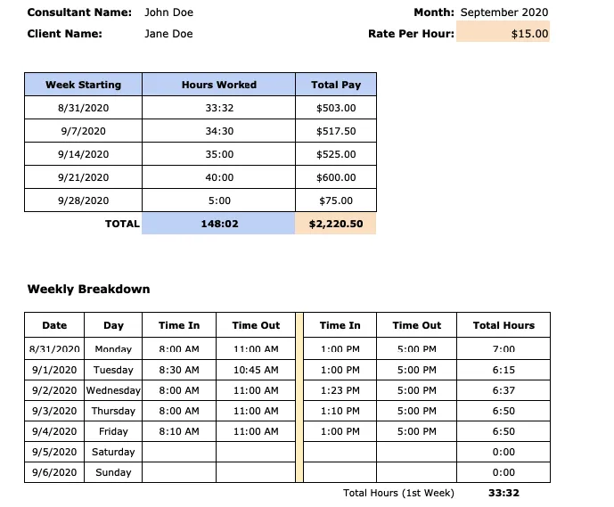 TimeDoctor의 Excel/Word 컨설턴트 타임시트 템플릿