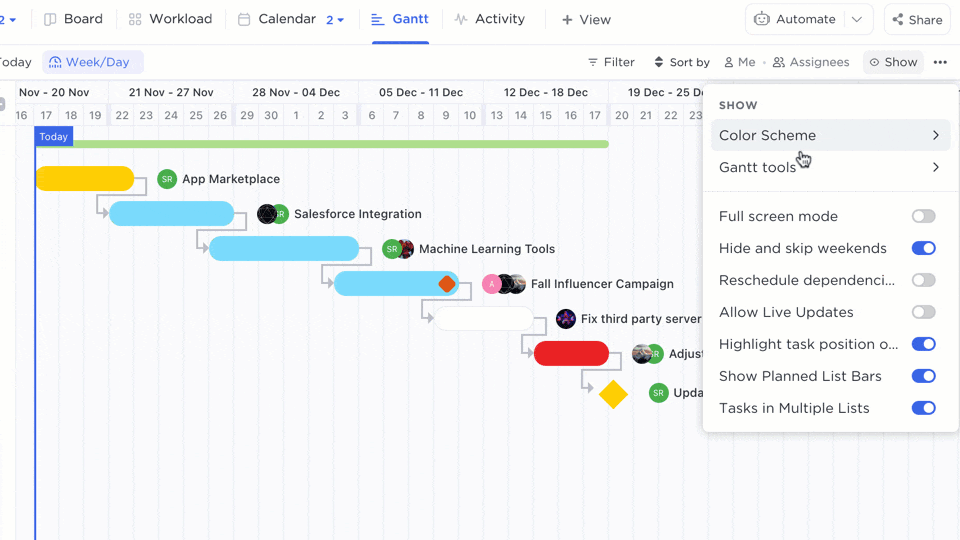 Calcule su ruta crítica en la vista Gantt de ClickUp.