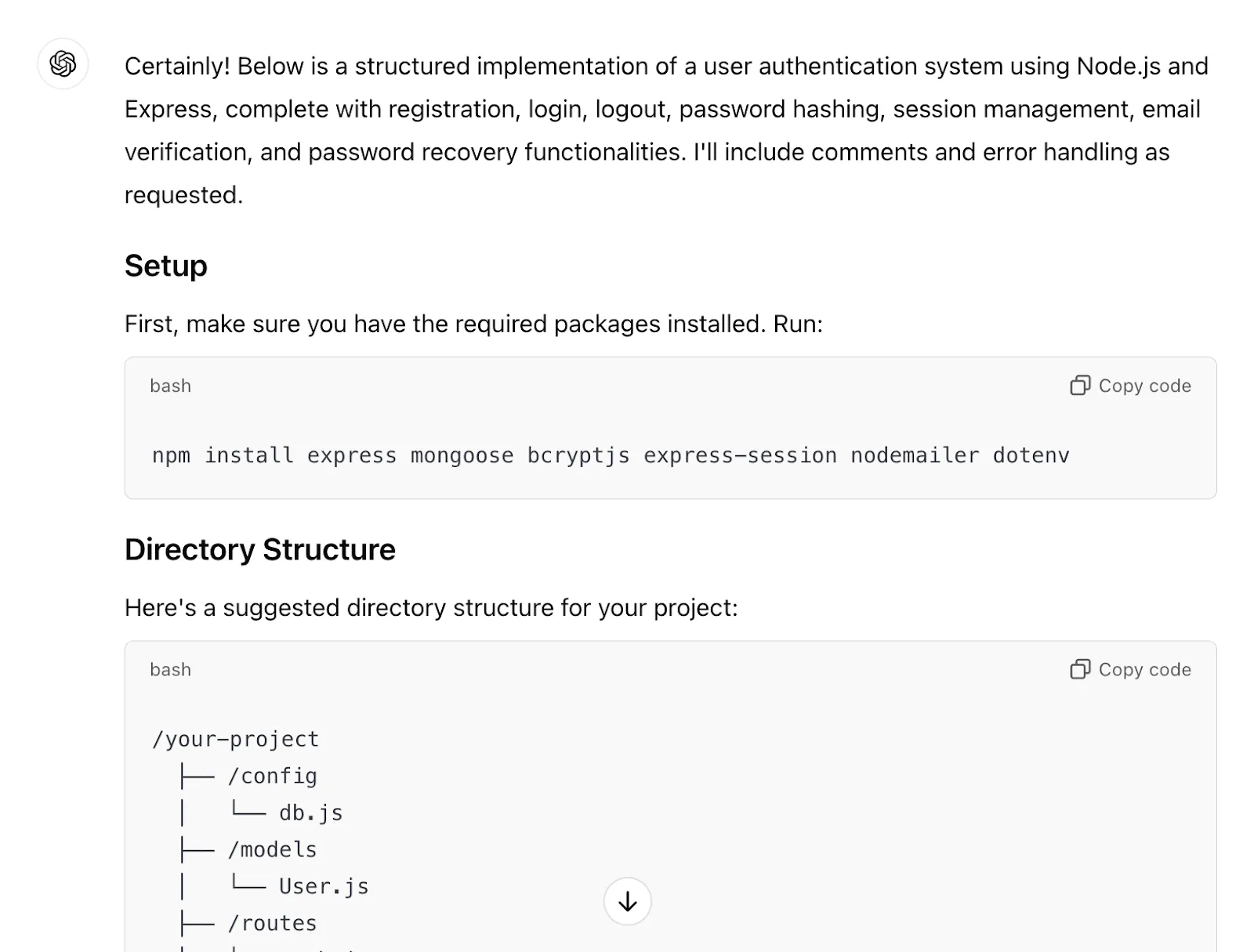 Génération de code Invite, instructions