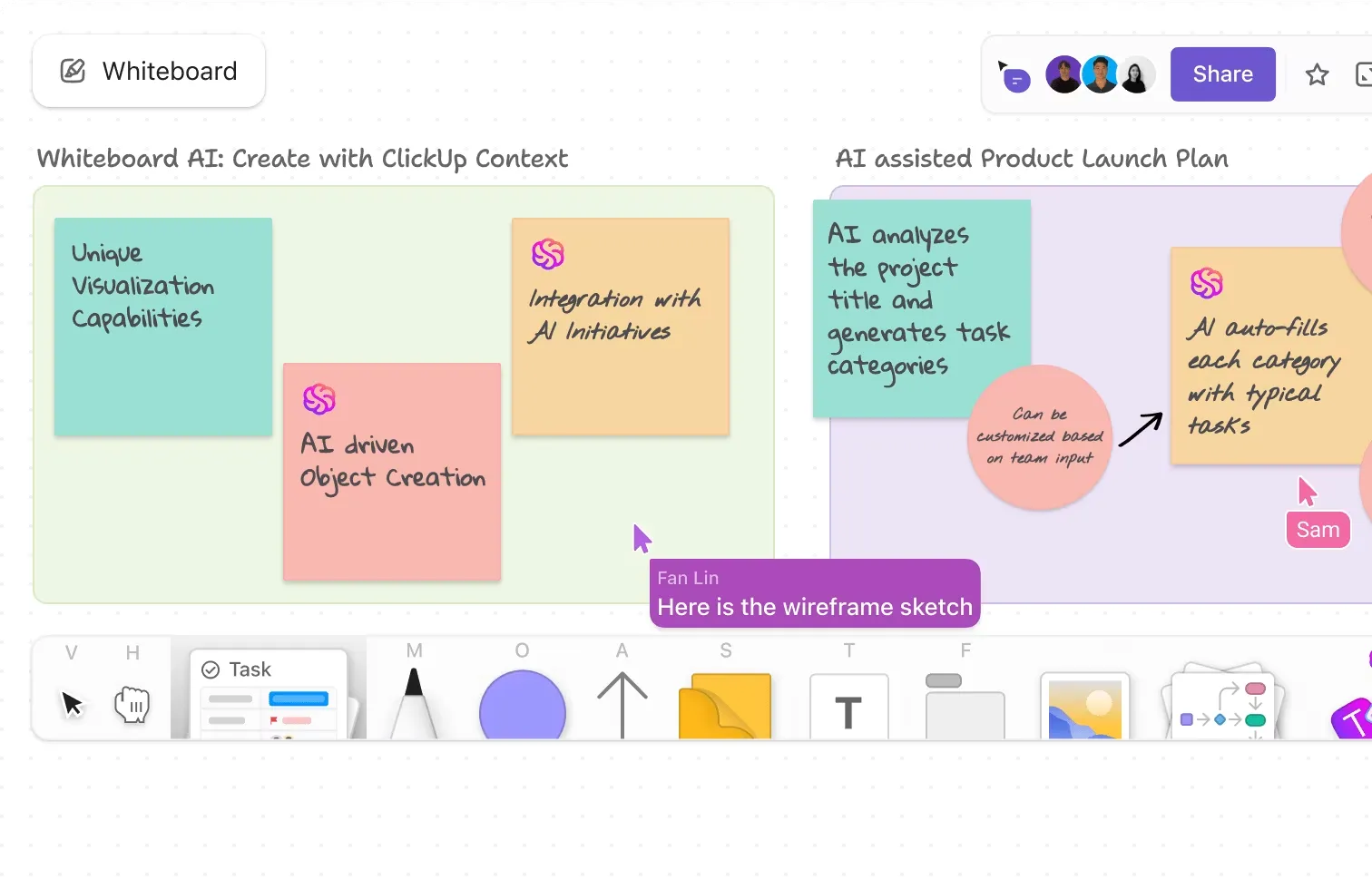 ClickUp ホワイトボード：オンボーディングのためのアイデアや新しいワークフローを視覚化