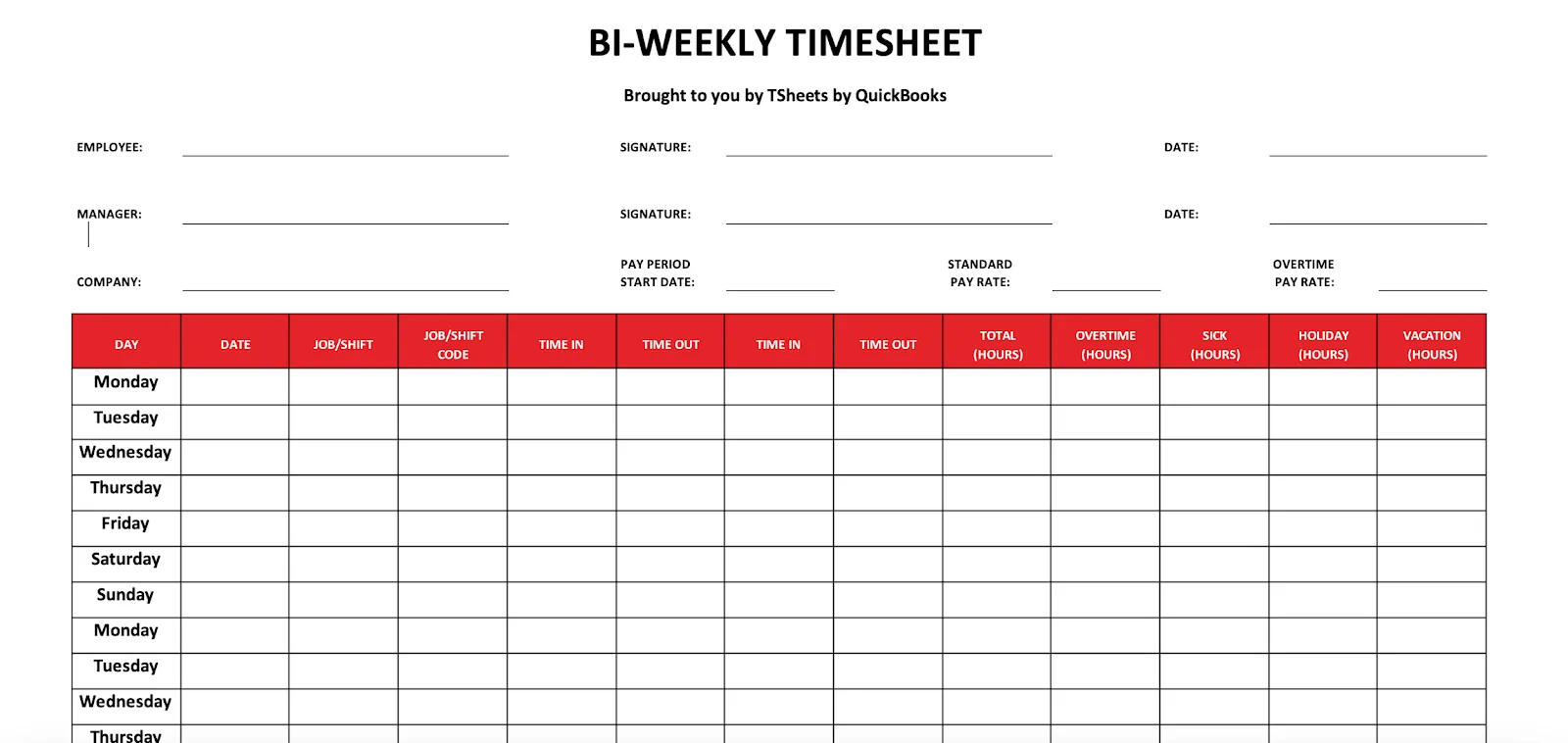 Plantilla de hoja de horas quincenal de Quickbooks