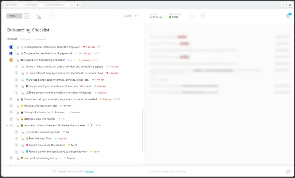 Šablona kontrolního seznamu pro zaškolení nových zaměstnanců od ClickUp