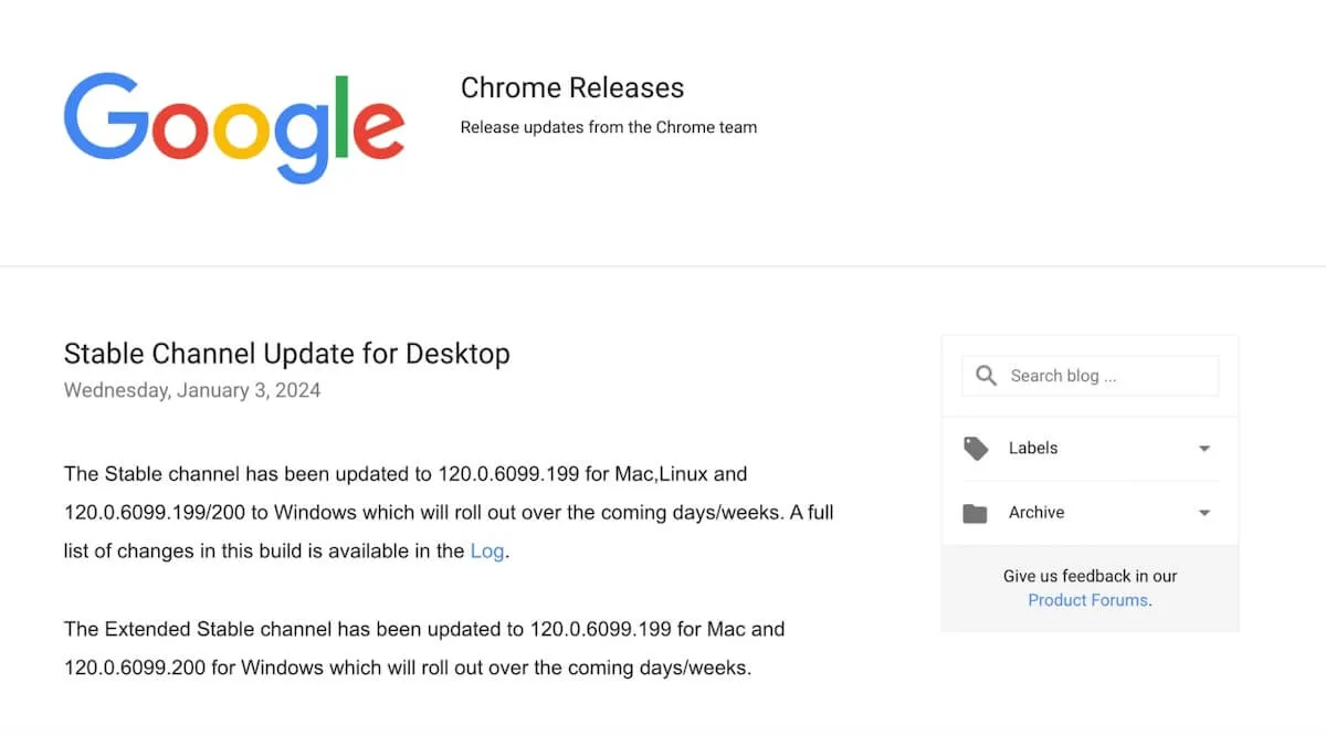 Ghi chú phát hành của Google Chrome
