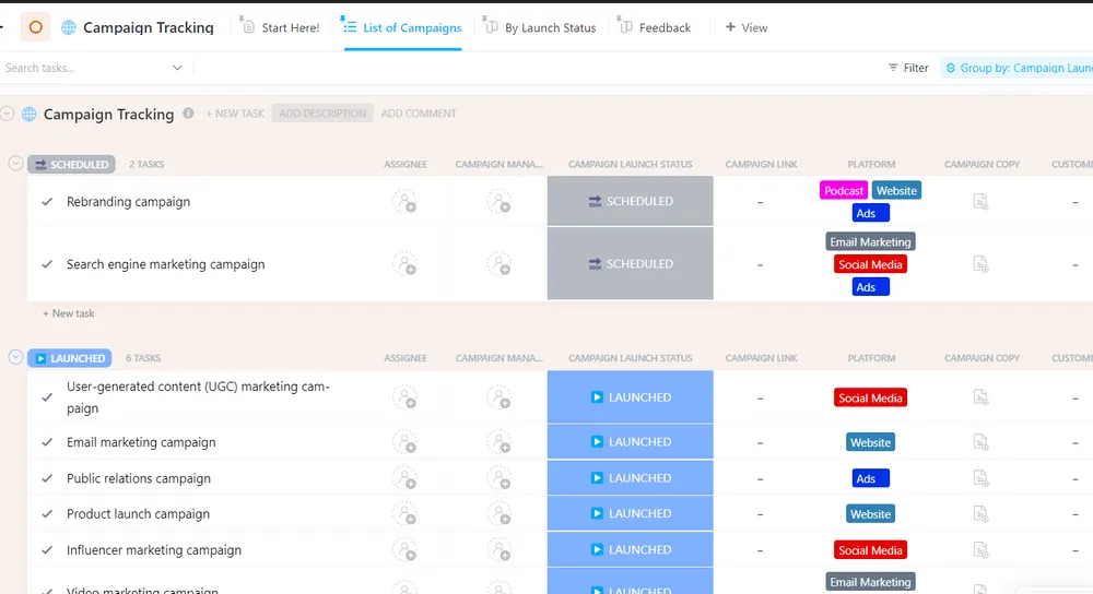 O modelo de acompanhamento de campanhas do ClickUp ajuda você a manter tudo organizado em um só lugar, oferecendo personalização para criar o fluxo de trabalho perfeito que atenda às suas necessidades.