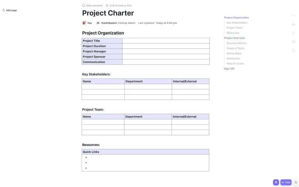 ClickUp-Projektcharta-Vorlage
