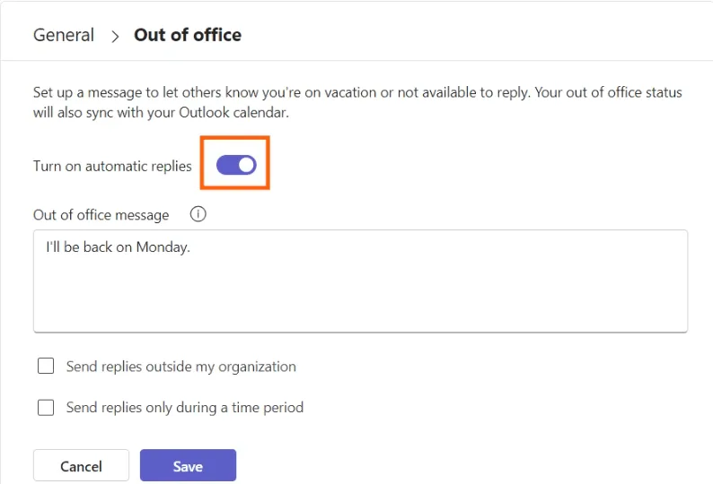 Come impostare l'assenza dall'ufficio in Teams - Passaggio 2