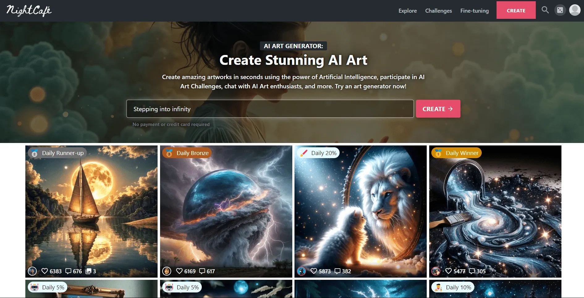NightCafe è un'app versatile per la generazione di arte IA che consente di creare, effettuare la condivisione e discutere opere d'arte uniche, un'alternativa a Leonardo IA.
