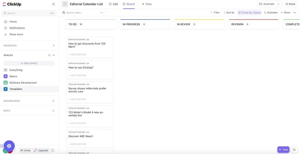 ClickUp-Vorlage für eine Liste mit redaktionellen Kalendern