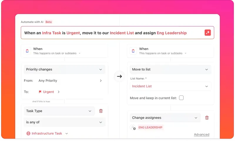 AI Builder di ClickUp accetta input in linguaggio naturale e effettua istantaneamente l'automazione di attività o progetti in base alle tue specifiche