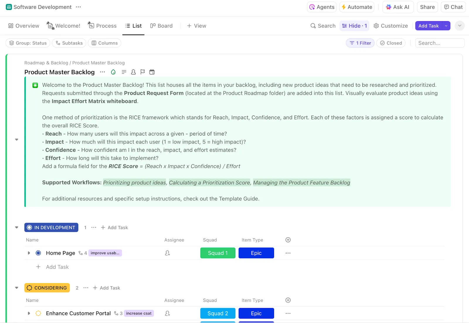 Utilisez le modèle de développement logiciel ClickUp pour assurer le suivi de votre projet.
