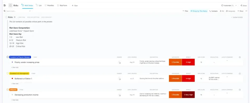 Realice un seguimiento de los riesgos y supuestos que podrían descarrilar su proyecto, supervise el progreso y visualice en qué punto del ciclo de vida del proyecto se encuentra con la plantilla de registro RAID de ClickUp.