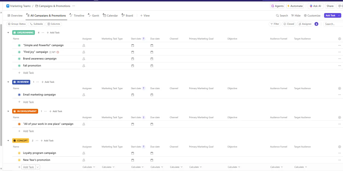 Asana Marketing Templates: ClickUp Marketing Teams Template