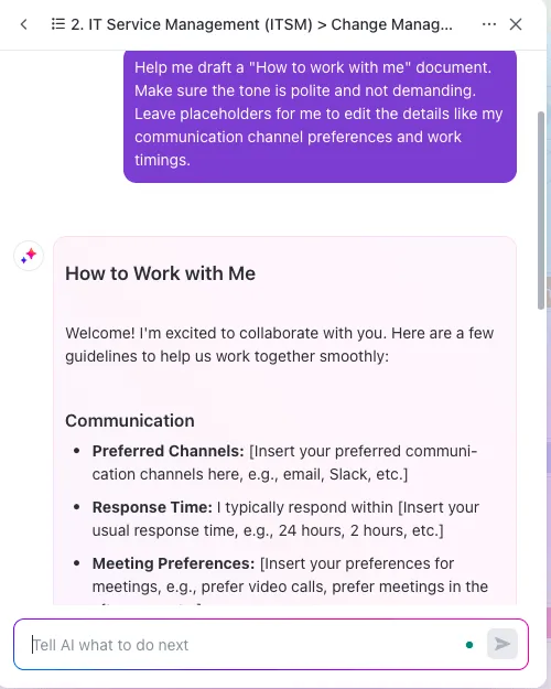 Use o ClickUp Brain para criar um documento "Como trabalhar comigo"