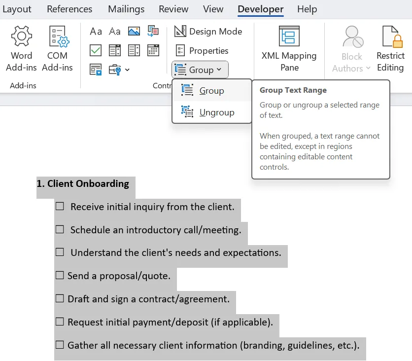 Gruppera eller avgruppera ett textområde i MS Word