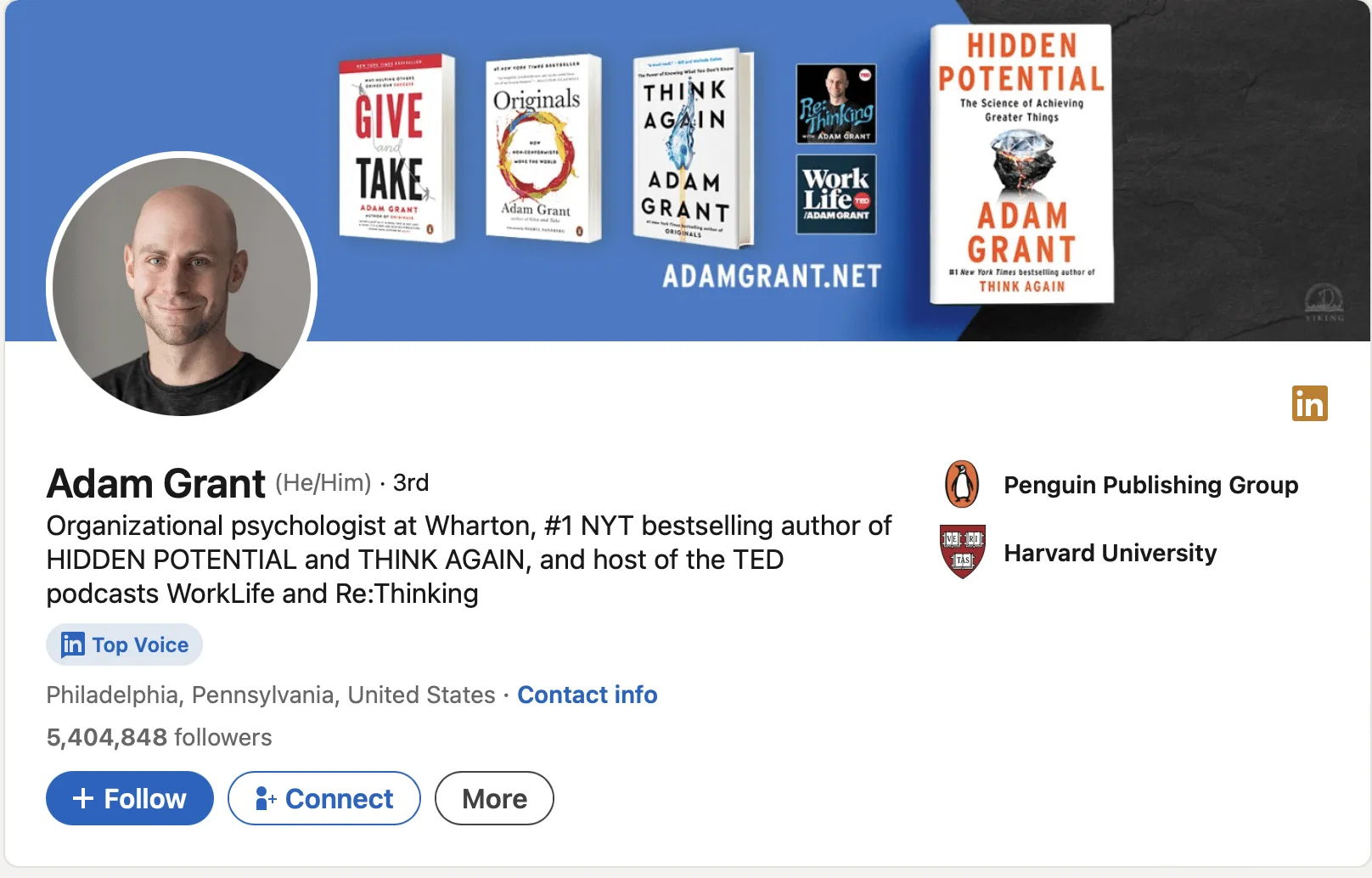 ตัวอย่างการสร้างแบรนด์ส่วนบุคคลบน LinkedIn ของ Adam Grant
