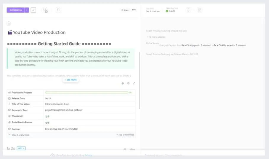 Modèle de production de vidéo YouTube ClickUp