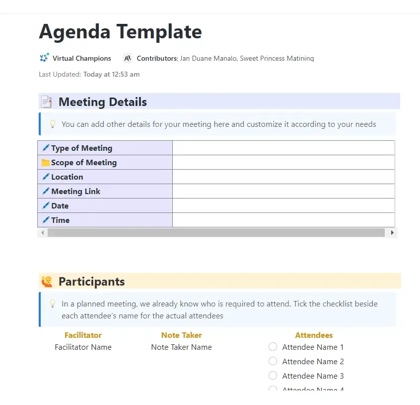 Aggiungi i dettagli della riunione e effettua l'impostazione del programma utilizzando questo modello personalizzabile di ClickUp.