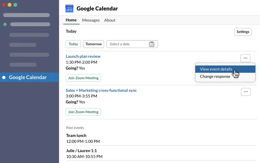 Lịch Google với Slack