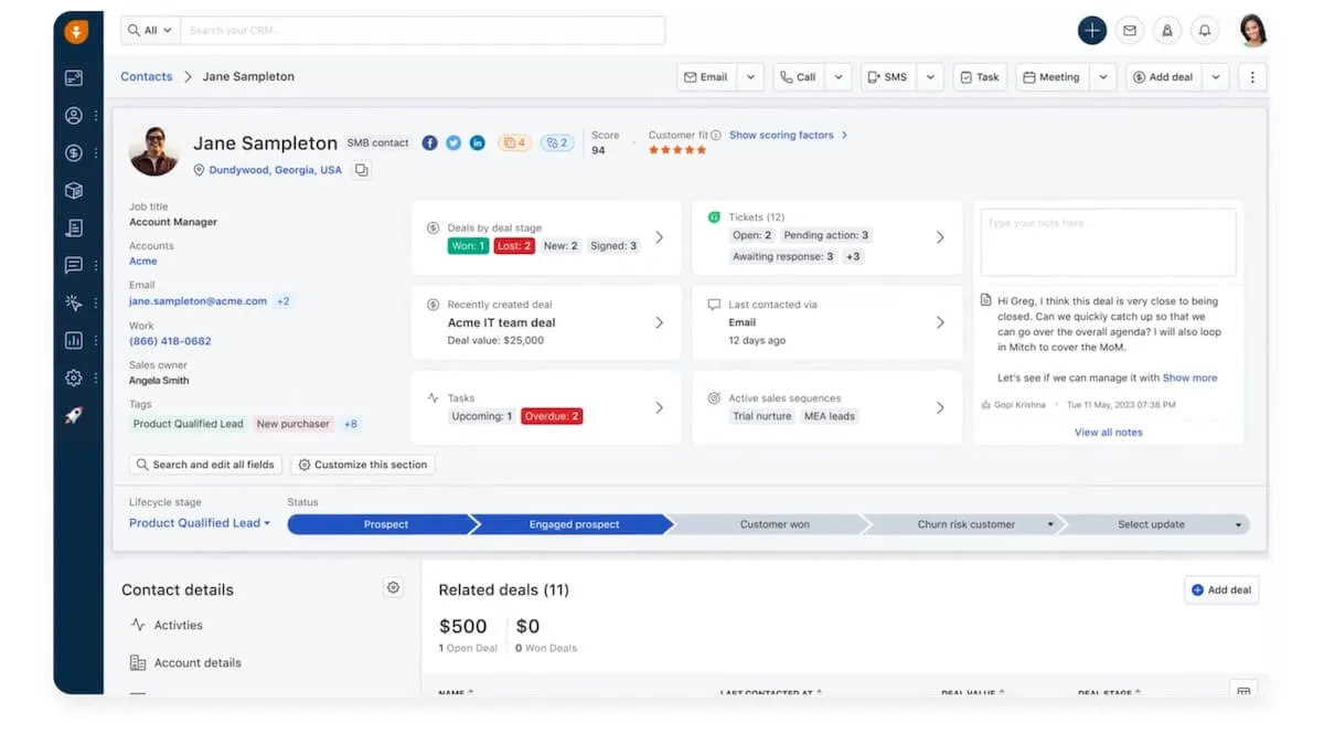 Distribütörler için CRM: Freshworks tarafından sunulan Freshsales'da bir kişinin gösterge paneli örneği