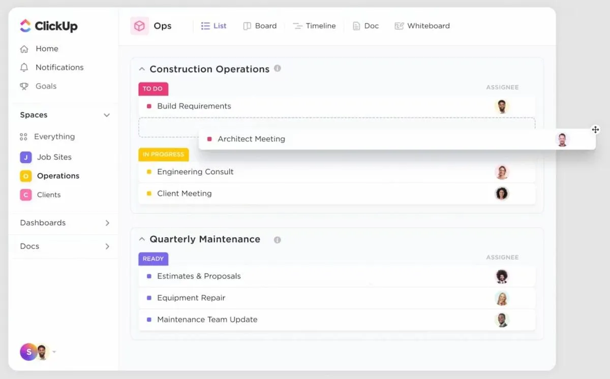 Acompanhando um projeto de construção no ClickUp