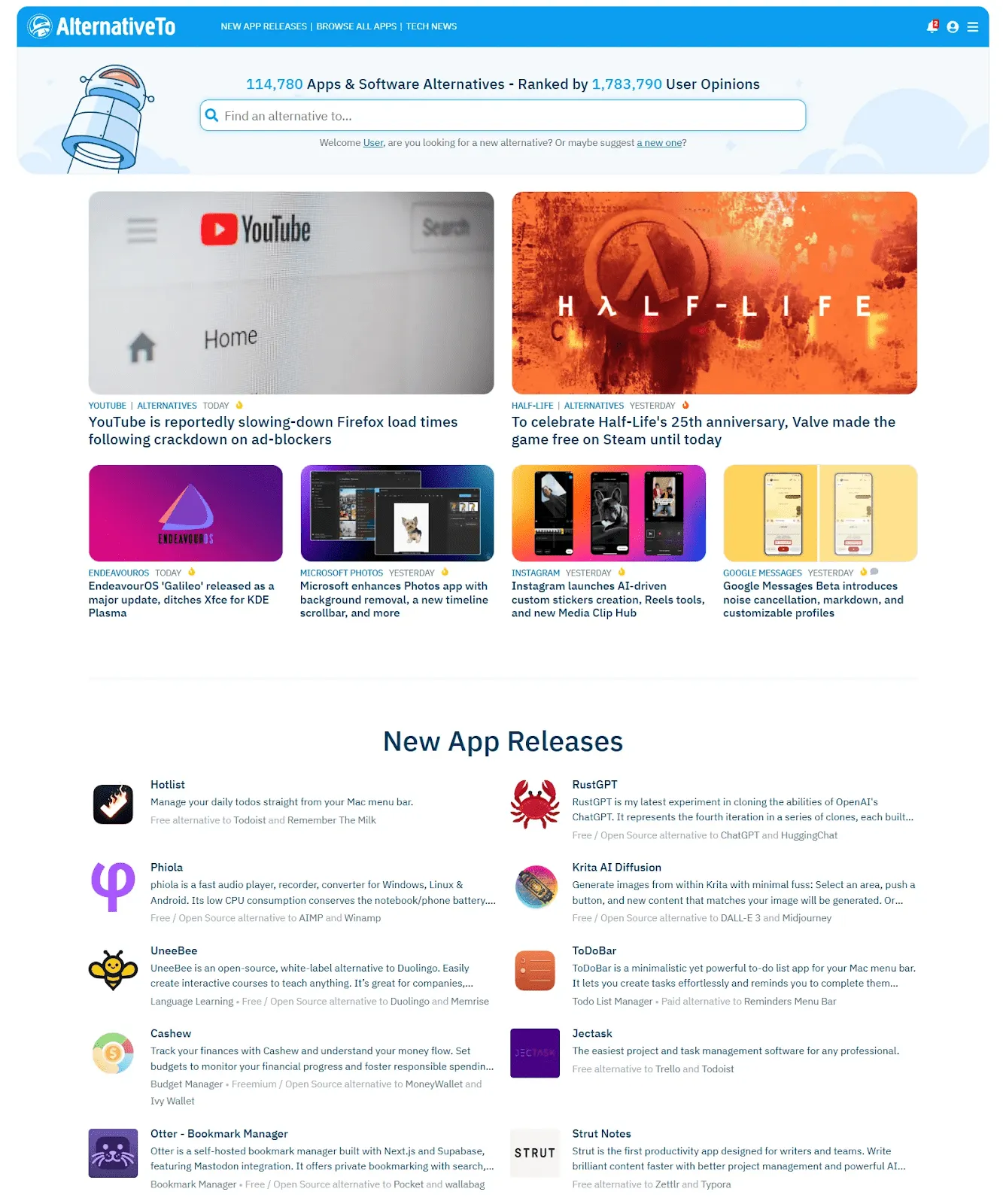 AlternativeTo (소프트웨어 비교 및 전환 성공에 최적) : Producthunt 대안