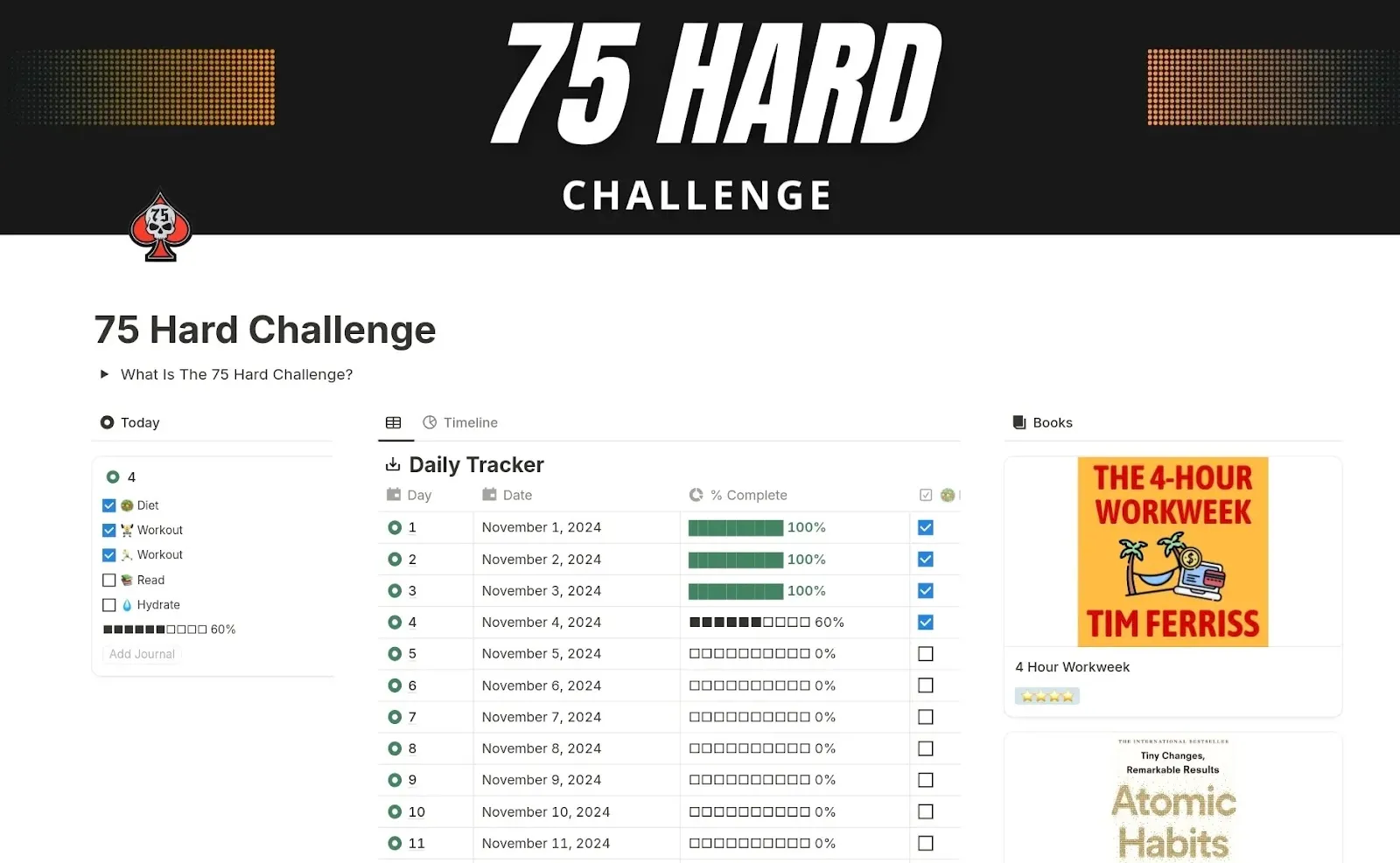 قالب 75 Hard Notion مع تحديد الأهداف