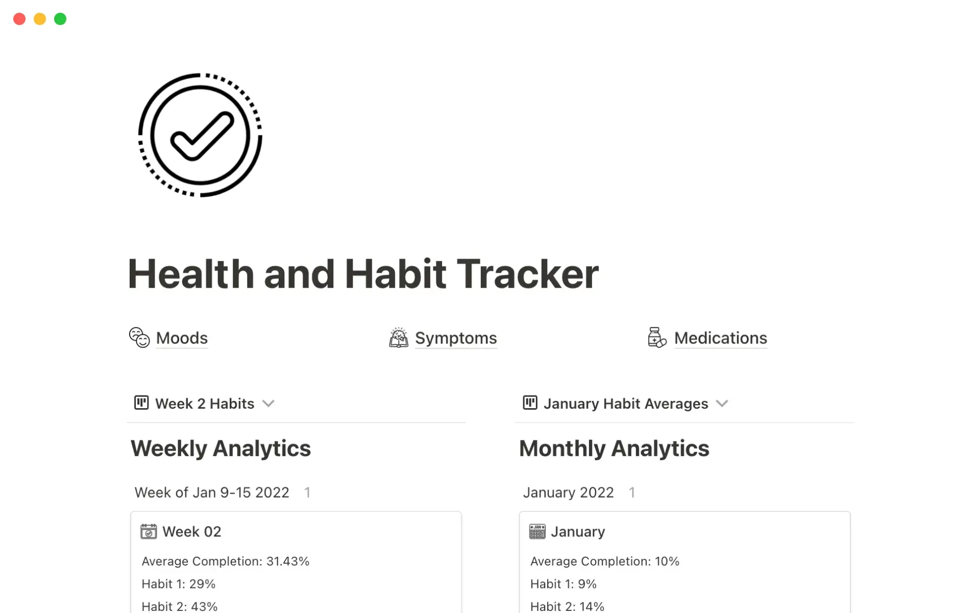 Шаблон за проследяване на здравето и навиците в Notion