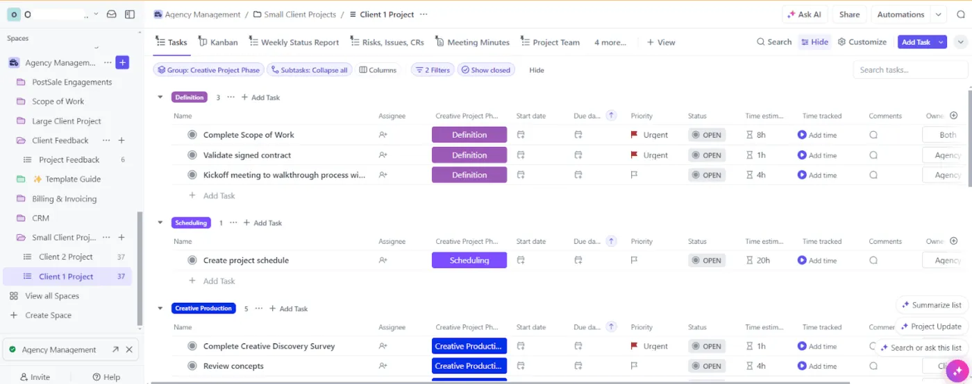Šablona pro správu agentury ClickUp