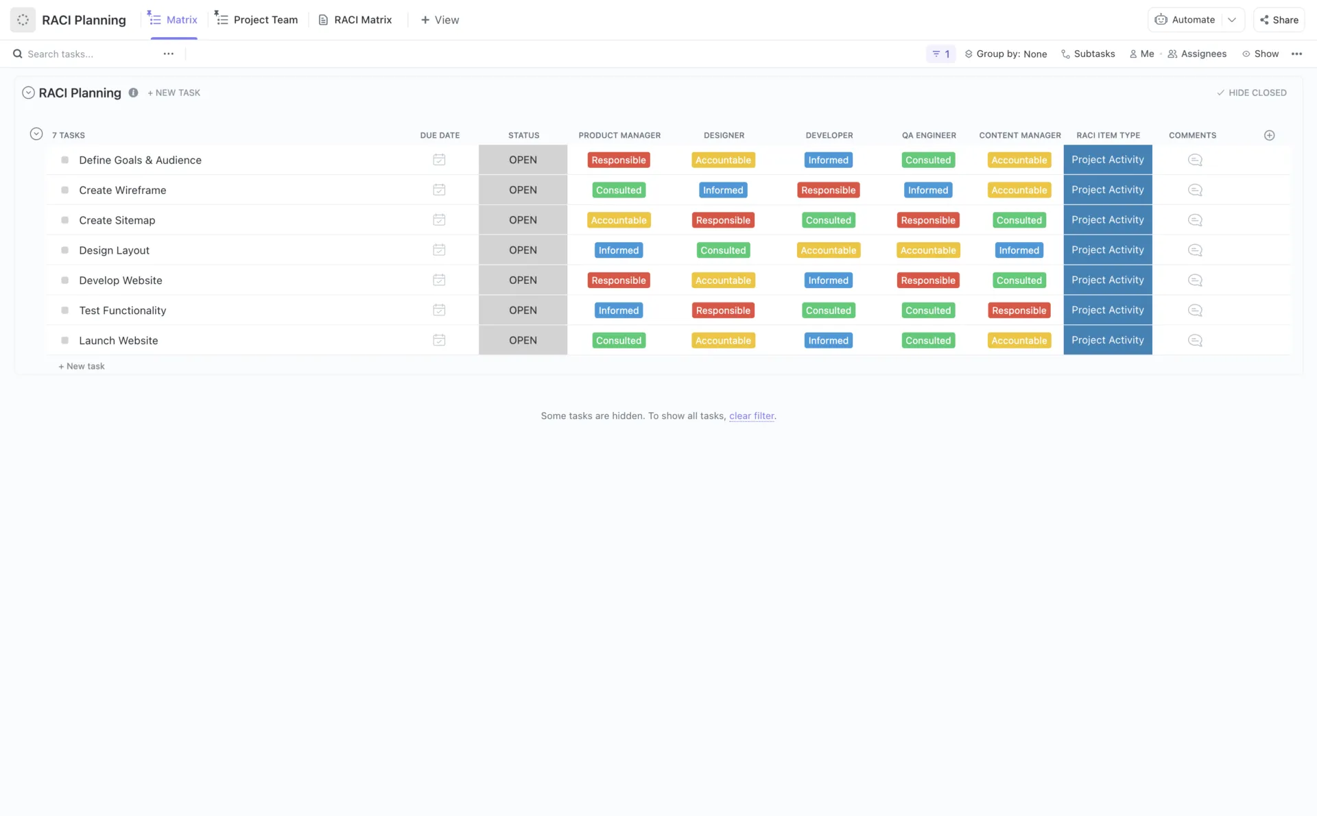 Plantillas gratuitas de gráficos RACI en Excel, Hojas de cálculo de Google y ClickUp.