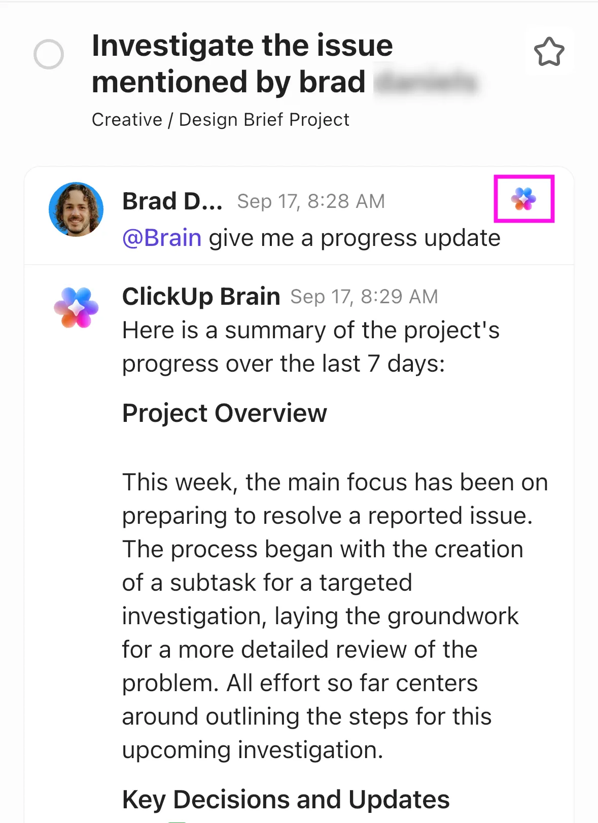 ClickUp Brain'i kullanarak Gelen Kutusu'ndaki konu dizilerini özetleyin: iletişim yükü