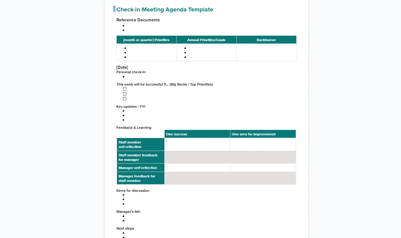 Google Docs-Vorlage für die Tagesordnung von Check-in-Meetings