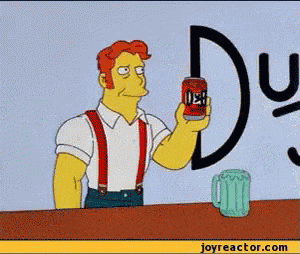 GIF représentant un caractère de dessin animé coupant une canette de bière avec un couteau.