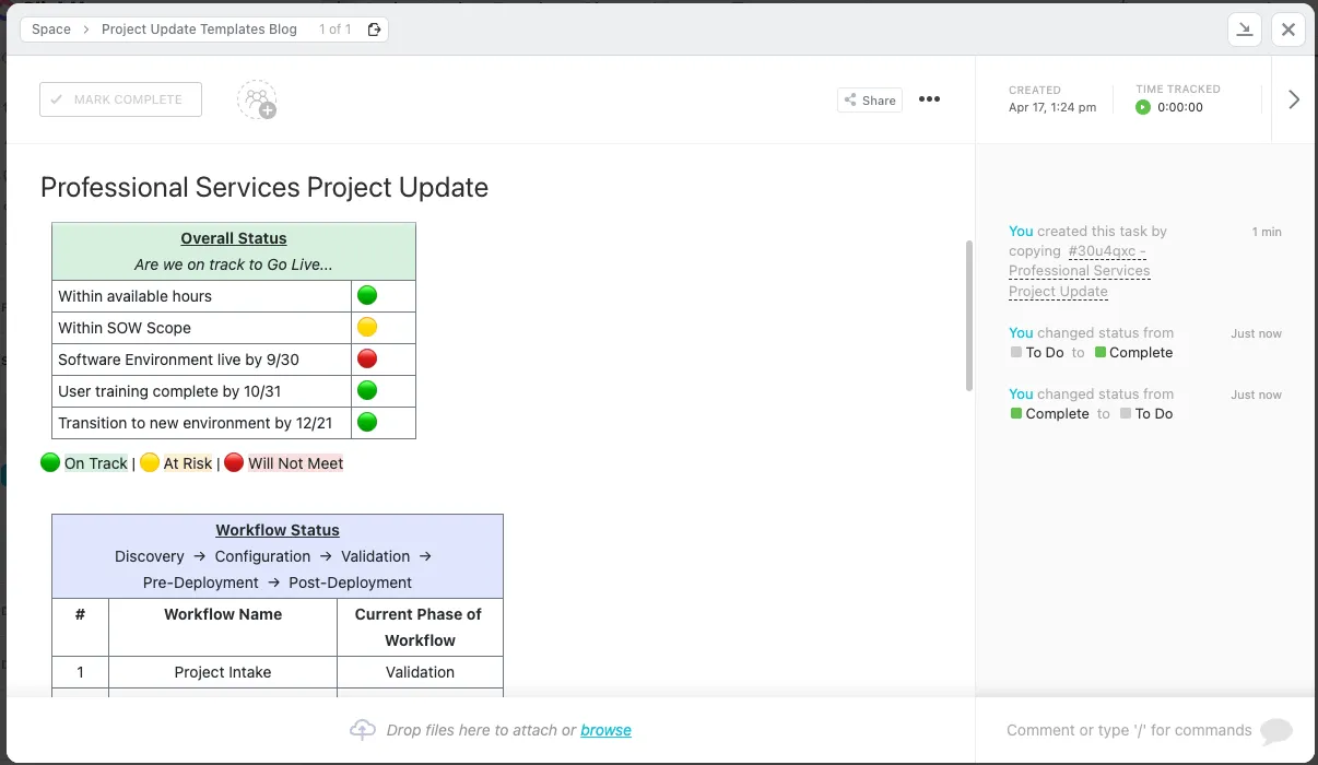 Modèle de mise à jour de projet de services professionnels par ClickUp